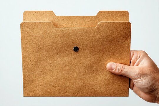 Hand holding manila folder with documents inside clean background