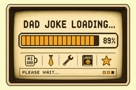 Vintage computer monitor displaying dad joke loading screen at 89 percent