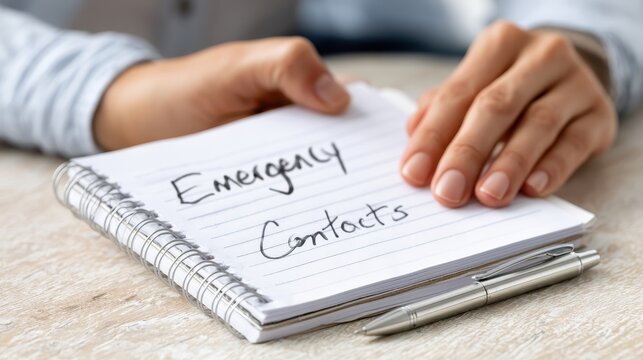 A notebook with handwritten emergency contacts is resting on a surface next to a pen, ideal for daily reference and safety