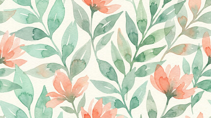 Fototapeta premium Watercolor elegant floral seamless pattern with soft pink flowers and green leaves on cream background