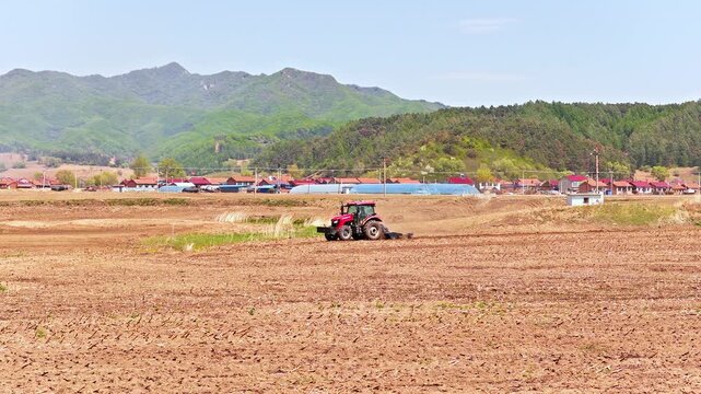 Various agricultural implements used in spring plowing