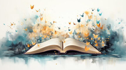 Obraz premium Watercolor open book with magic cloud like powder or smoke. The whole world in one book. Hand painted book illustration for educational design