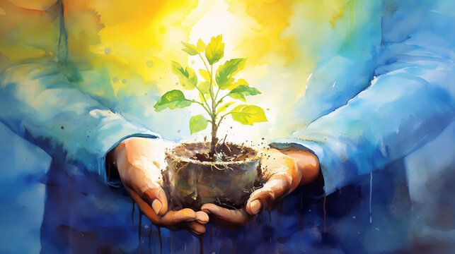 Fresh green sapling with two green leaves growing out of pile of brown earth painted in watercolor on clean white background