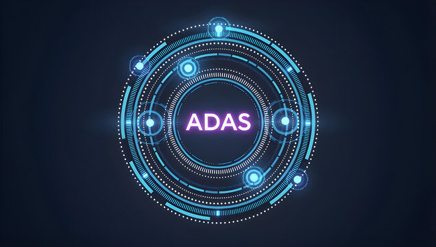 Advanced driver assistance system adas interface with futuristic digital technology, smart automotive innovation and autonomous vehicle safety concept background