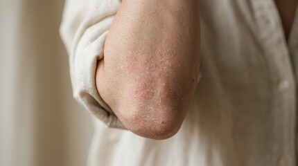 Naklejka premium A person is showing their elbow with dry skin under soft morning light. The elbow appears red and rough. This moment captures a casual setting in a home environment