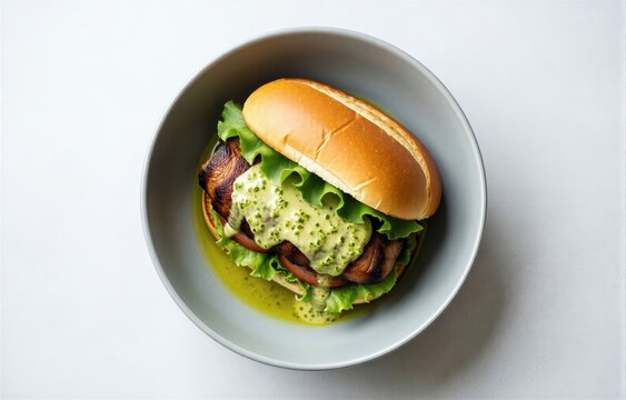 Bifana topped with garlic white wine sauce, crispy bacon, fresh lettuce in white bowl with green rim. Concept of pork sandwich with garlic white wine sauce in culinary art.