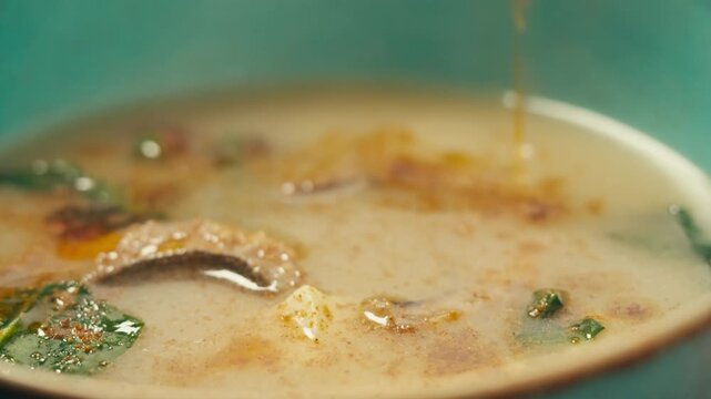 Korean Hot Pot Soup cooking, Japanese Ramen with Beef or chicken, rice noodles with fried meat, Tom Yam kung Spicy Thai asian soup, chef cooking in traditional korean chinese food