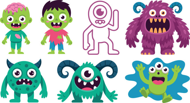 Vector collection of cute cartoon monster characters and friendly zombies isolated on white background.
