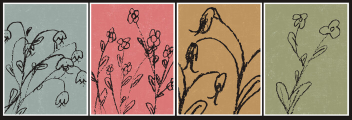 Hand drawn dainty flowers, leaves, plants. Sketched style wild flower. Naive design. Whimsical  Spring, summer botanical art. Wall art composition with canvas texture. Monochromatic vintage style. © olechkaart