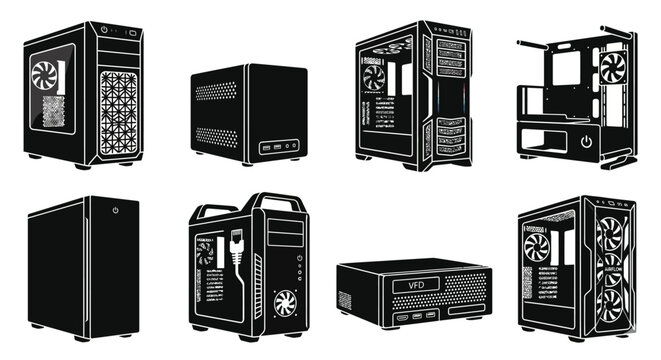 Assortment of modern computer case designs and chassis structures, highlighting various form factors and functional elements for building custom personal computers