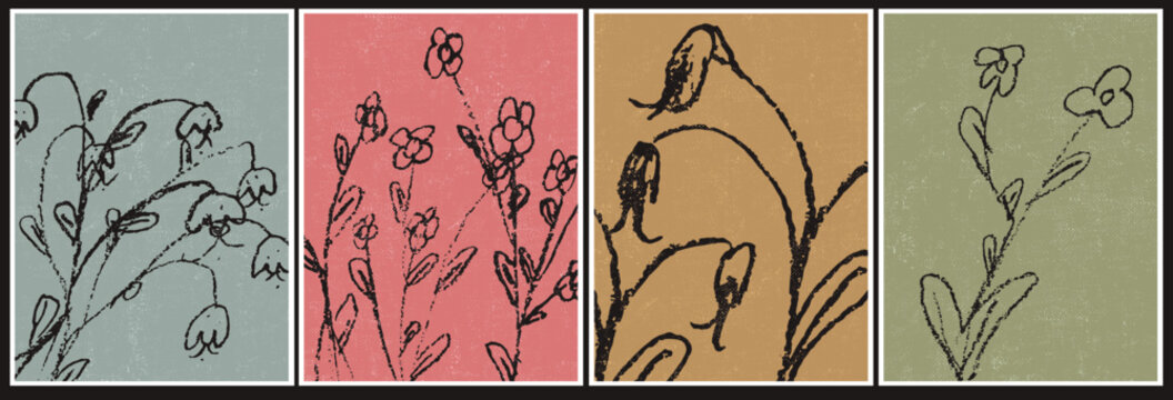 Hand drawn dainty flowers, leaves, plants. Sketched style wild flower. Naive design. Whimsical  Spring, summer botanical art. Wall art composition with canvas texture. Monochromatic vintage style.
