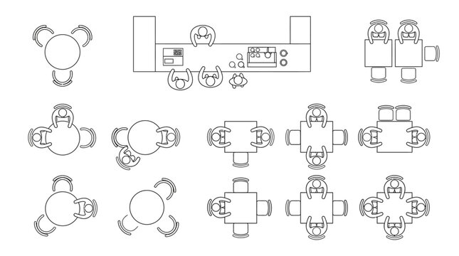 Collection of top-down plan view illustrations featuring diverse furniture layouts round, square, and rectangular tables with chairs, plus a kitchen island, ideal for architectural design