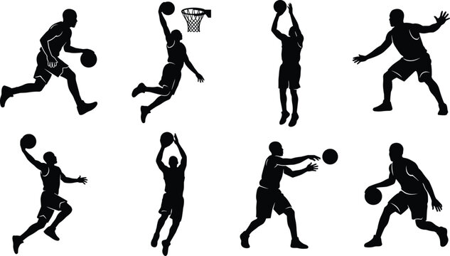 Basketball Player Silhouette Collection with Dribbling Dunking Shooting and Passing Actions for Sports Training and Athletic Design