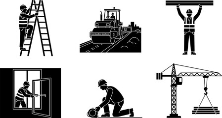 Construction silhouettes featuring workers, machinery, teamwork, building activities, and diverse roles in infrastructure, engineering, and industrial development projects © boishakhisarker