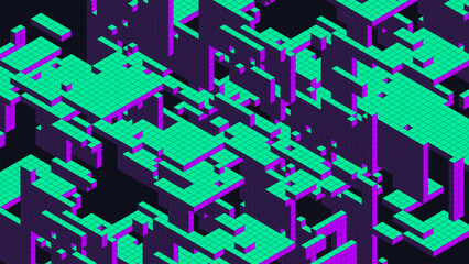 Futuristic structured composition with volumetric layers of geometric voxels arranged in axonometric projection. Complex geometric structure filled with voxel geometry for futuristic digital artwork © 3d_kot