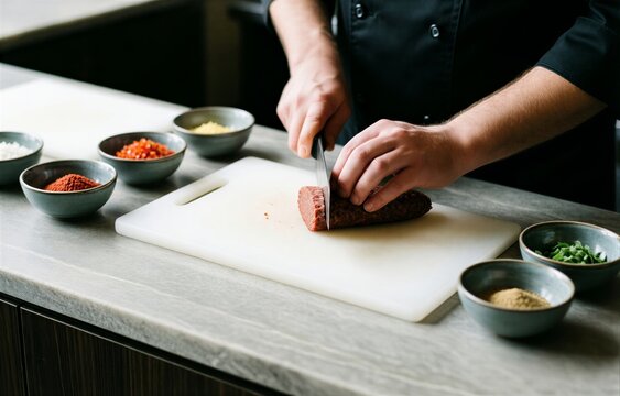 Icli Kofte served in modern kitchen, chef in black uniform chopping spiced meat, surrounded by spices. Concept of bulgur shells stuffed with spiced meat preparation.