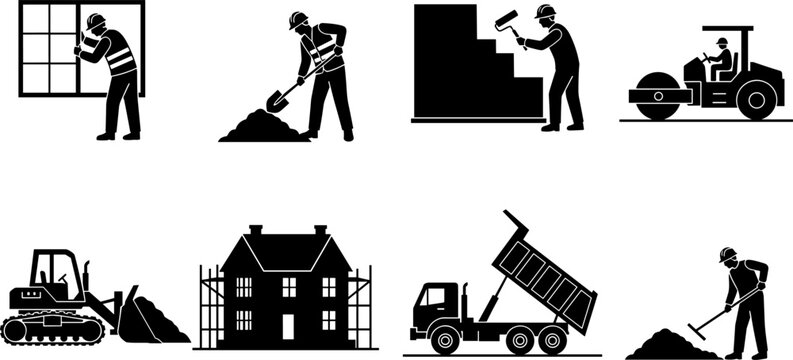 Construction silhouettes showing machinery, manual labor, house building, urban development, teamwork, and diverse roles in infrastructure and engineering projects