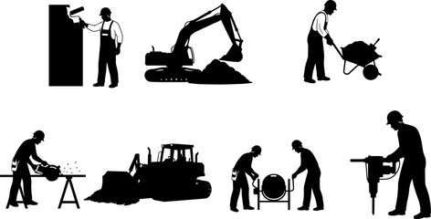 Construction workers and machinery silhouettes showing painting, excavation, wheelbarrow tasks, bulldozer pushing, cement mixing, and jackhammer operation illustration © boishakhisarker