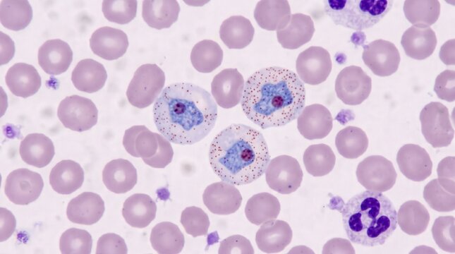 Plasmodium Vivax Schuffner Dots Enlarged Erythrocytes. Plasmodium vivax trophozoites with ameboid forms and Schuffner stippling in enlarged Giemsa stained erythrocytes.