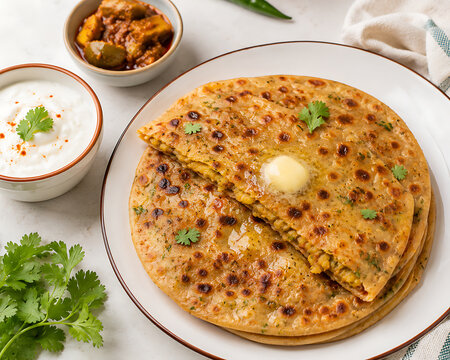 Homemade-style aloo paratha with yogurt and pickle