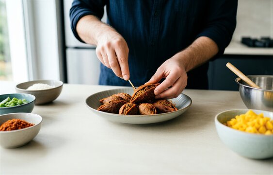Icli Kofte preparation in modern kitchen, man with beard holding wooden spoon over countertop with ingredients. Concept of bulgur shells stuffed with spiced meat cooking process.