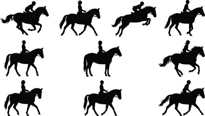Fototapeta premium Horse Riding and Equestrian Sport Silhouette Collection Featuring Riders Jumping Galloping Training and Competitive Riding Activities