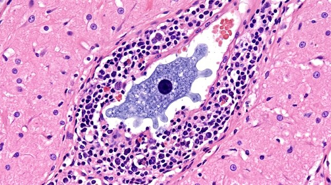 Balamuthia Mandrillaris Ameba Trophozoite Brain Tissue. Balamuthia mandrillaris amebic trophozoite with irregular pseudopods in H&E stained brain tissue biopsy from encephalitis.
