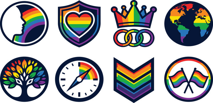 Set of colorful rainbow pride badges and emblems featuring global unity sports nature and human rights symbols.