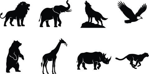 Minimalist black animal silhouettes featuring lion, elephant, wolf, eagle, bear, giraffe, rhinoceros, and cheetah for creative design and commercial use © boishakhisarker