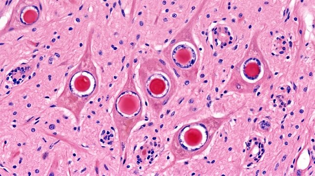 Herpes Simplex Virus Cowdry A Inclusion Bodies H&E Neuron. Cowdry type A intranuclear inclusion bodies in neurons from H&E stained brain tissue in herpes simplex encephalitis.