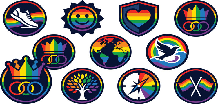 Set of colorful rainbow pride stickers and badges featuring symbols of equality sports nature and global unity for community events.