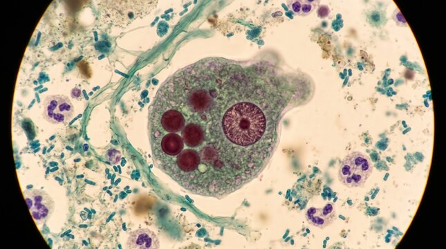 Entamoeba Histolytica Trophozoite Ingested Erythrocytes. Entamoeba histolytica hematophagous trophozoite actively engulfing red blood cells in trichrome stained colonic smear.