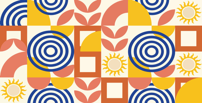 Abstract geometric pattern with suns and circles in yellow blue and coral colors seamless.