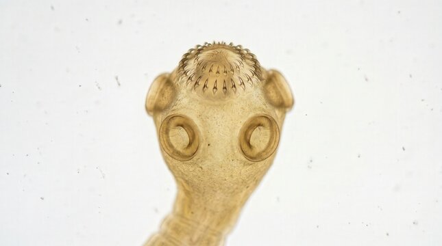 Taenia Solium Scolex Hooklets Rostellum Microscopy. Taenia solium scolex with armed rostellum showing double row of hooklets and four suckers in unstained whole mount.