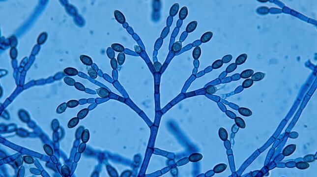 Cladosporium Branching Chains Conidia Lactophenol Blue. Cladosporium species showing branching chains of shield-shaped conidia in lactophenol cotton blue environmental culture preparation.