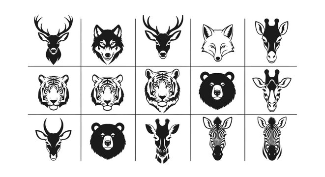 Collection of 15 animal head icons in black and white wildlife symbols