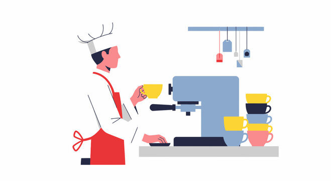 Man in chef hat holding coffee.