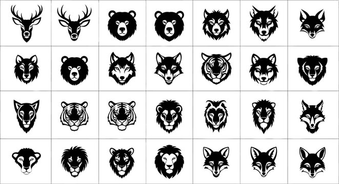 Collection of various wild animal head silhouettes including bear wolf tiger and deer faces in black and white