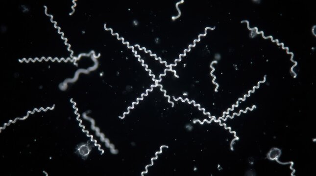 Treponema Pallidum Dark Field Corkscrew Motility Smear. Treponema pallidum corkscrew spirochetes with rotational motility pattern in dark field microscopy of chancre exudate.