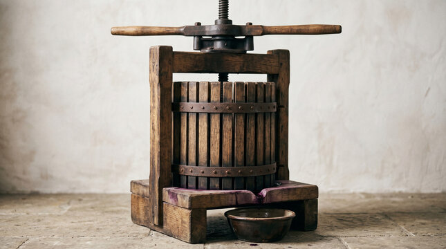 Old-fashioned wooden wine press in rustic setting for Wine Day  