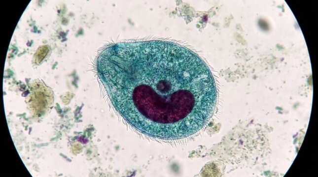 Balantidium Coli Ciliated Trophozoite Stool Trichrome. Balantidium coli large ciliated protozoan trophozoite with kidney-shaped macronucleus in trichrome stained stool smear.