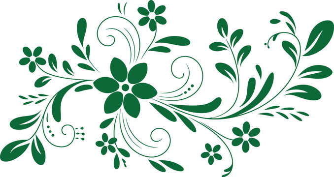 Green floral design with leaves and flowers on white background  elegant decorative illustration