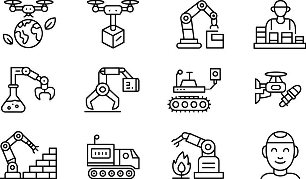 Vector collection of industrial automation line icons representing smart manufacturing isolated on white background.