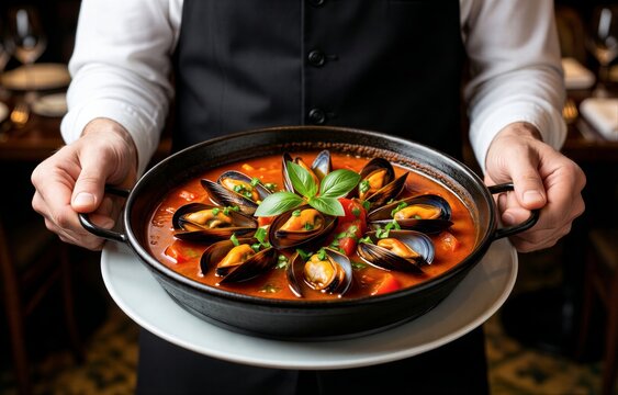 Close-up of chef's hands holding Cataplana de Marisco, a shellfish stew with tomato wine herbs, garnished with fresh basil leaves. concept of culinary art and seafood cuisine.
