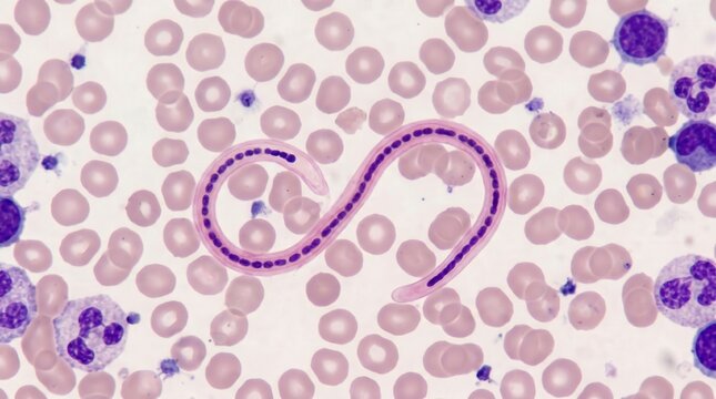 Helminth Microfilaria Loa Loa Sheathed Blood Smear. Loa loa sheathed microfilaria with nuclei extending to tail tip in Giemsa stained daytime blood smear preparation.