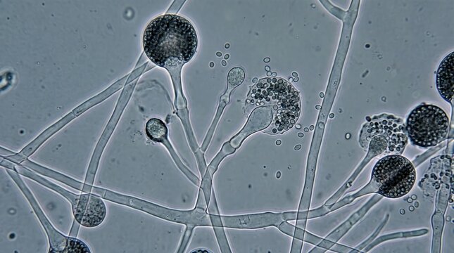 Mucor Circinelloides Columella Sporangiophore Phase Contrast. Mucor circinelloides sporangiophore with pyriform columella in phase contrast microscopy from clinical food contamination culture.
