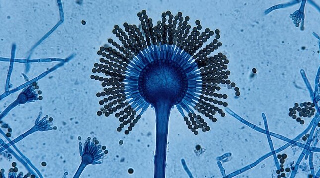 Aspergillus Niger Black Conidiophore Radiate Head Culture. Aspergillus niger black biseriate conidiophore with radiate head and brown conidia chains in lactophenol cotton blue.