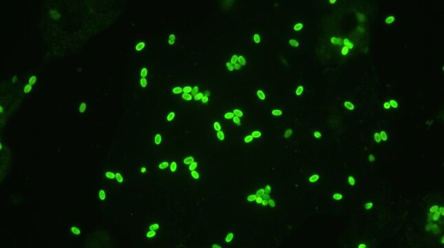 Bordetella Pertussis Fluorescent Antibody Nasopharyngeal Smear. Bordetella pertussis tiny coccobacilli detected by direct fluorescent antibody DFA in nasopharyngeal smear from whooping cough.
