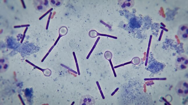 Clostridium Tetani Drumstick Terminal Spore Gram Stain. Clostridium tetani gram positive rod with terminal circular spore producing drumstick appearance in Gram stained wound smear.