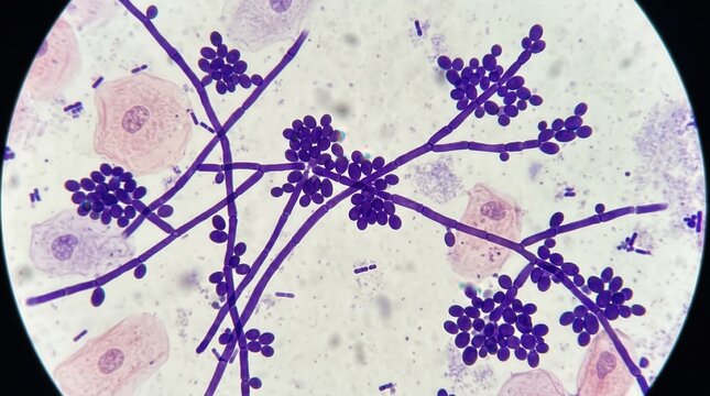 Candida Tropicalis Pseudohyphae Branching Pattern Gram Stain. Candida tropicalis elongated pseudohyphae with dense blastoconidia clusters at constrictions in Gram stained vaginal smear.
